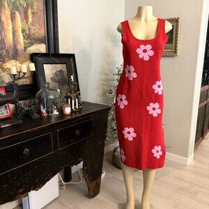 CIDER stretch knit sleeveless SUMMER DRESS: pink on red LG.DAISIES
